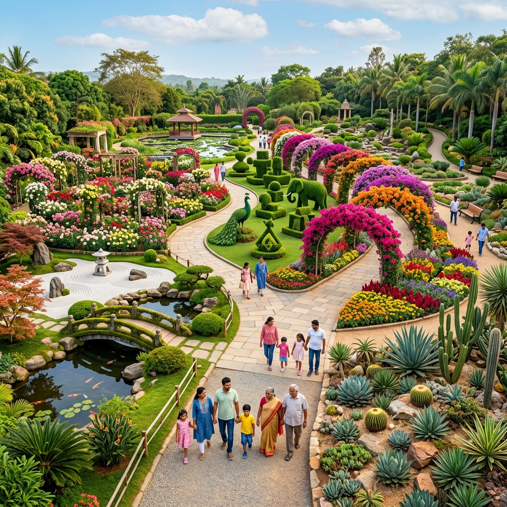 Themed ornamental garden zones with vibrant flower beds